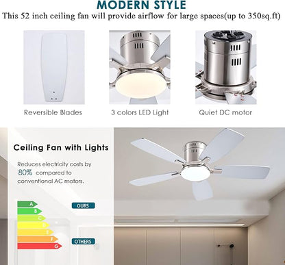 Ayaoty 42 Inch Low Profile Ceiling Fans with Lights and Remote, Flush Mount Modern Ceiling Fan, 3CCT Dimmable DC Ceiling Fan for Bedroom, Living Room, Brushed Nickel
