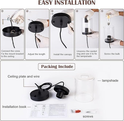 Industrial Mini Pendant Light Modern Bubble Seeded Glass Hanging Lighting Cylinder Adjustable Cord for Kitchen Island Dining Table Over Sink, Black, 1 Pack