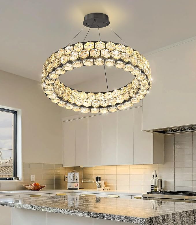 Modern Crystal Chandelier Ring Chandeliers for Dining Room Living Room Round LED Dimmable Ceiling Light Fixture for Bedroom Hallway Foyer Black