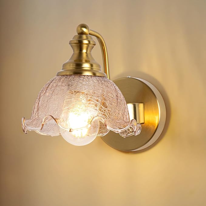 Vintage wall Sconce, Gold wall sconces with Amber Glass Shade, Bathroom Vanity Lights for Living Rooms Bedrooms Bathrooms Above Mirrors Hallways, E26 (Bulb Not Included)
