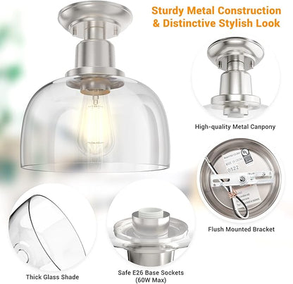 EAPUDUN Semi Flush Mount Ceiling Light, Modern Light Fixture with Clear Glass Shade, Brushed Nickel Finish for Hallway Corridor Kitchen Bathroom Bedroom Passway, FMA1123-BNK