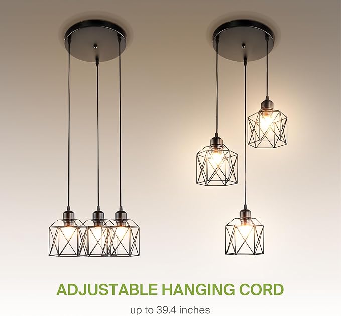 ASD Black Pendant Light Fixture - 3xE26 120V ETL Modern Pendant Lights Kitchen Island, Industrial Hallway, Living Room, Kitchen Island Lighting, Hanging Dining Room Light Fixtures Over Table