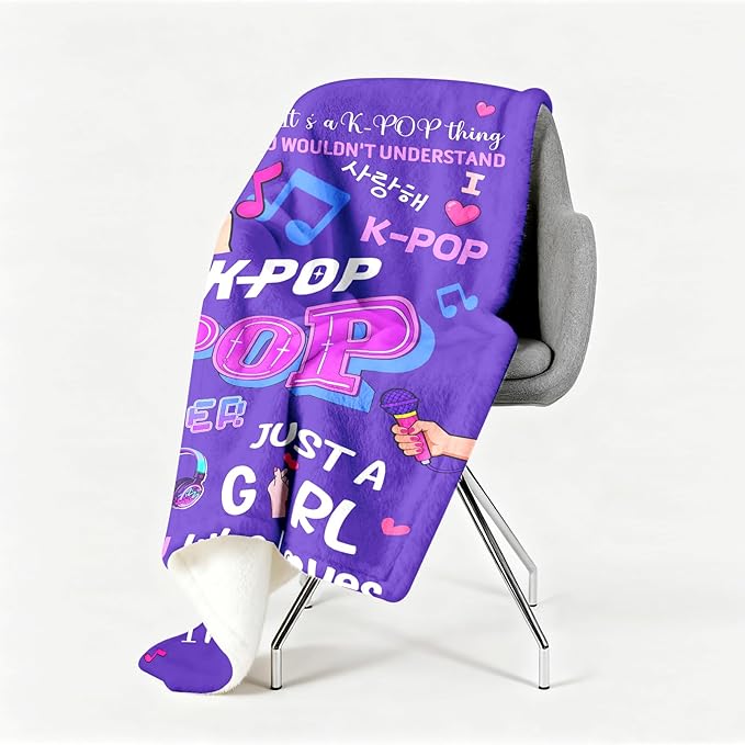 Kpop Gifts Blanket for Teen Girls - Music Gifts for Women Friends K-Pop Fans Lovers, Kpop Merch Stuff, Christmas Birthday Gifts for BFF Girls Women, Just A Girl Who Loves K-pop Blanket 80''x60''