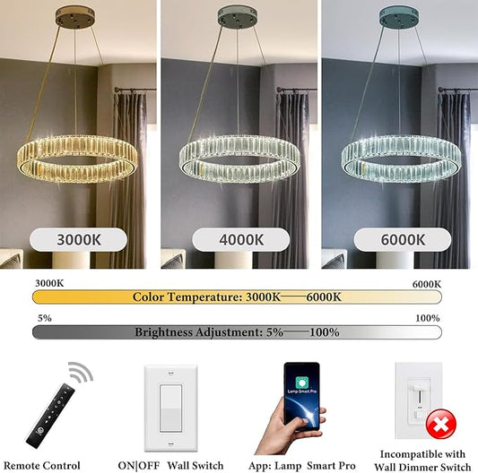 Modern Crystal Chandeliers Dimmable LED 20inch Ring Chandelier with Remote, Round Crystal Pendant Light for Kitchen Dining Room Living Room Bedroom