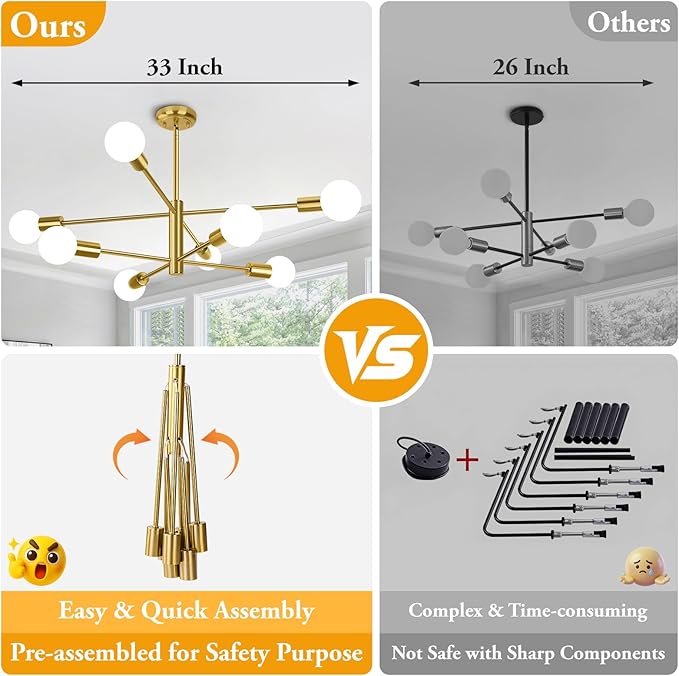 BesLowe 8-Light Modern Sputnik Chandelier, Mid Century Gold Chandeliers Lighting, Farmhouse Ceiling Hanging Light Fixture for Dining Room Bedroom Living Room Kitchen Foyer, Height Adjustable