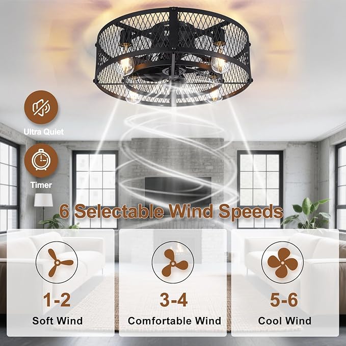 Depuley Caged Ceiling Fan with Light: 20" Flush Mount Ceiling Fans with Remote - Farmhouse Black Fandelier - Industrial Ceiling Fan Light Fixture for Small Low Indoor Bedroon Kitchen Dining Room