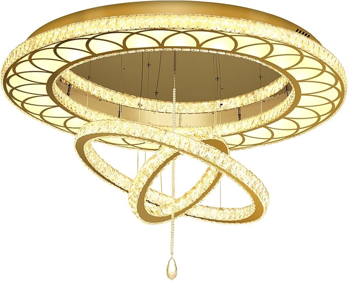 Flashing God Dia 48" Large Chandelier Crystal Gold Ceiling Light Fixtures LED Flush Mount Ceiling Light for Living Room Bedrooms Dining Room Dimmable 2700k 4500k 6000k