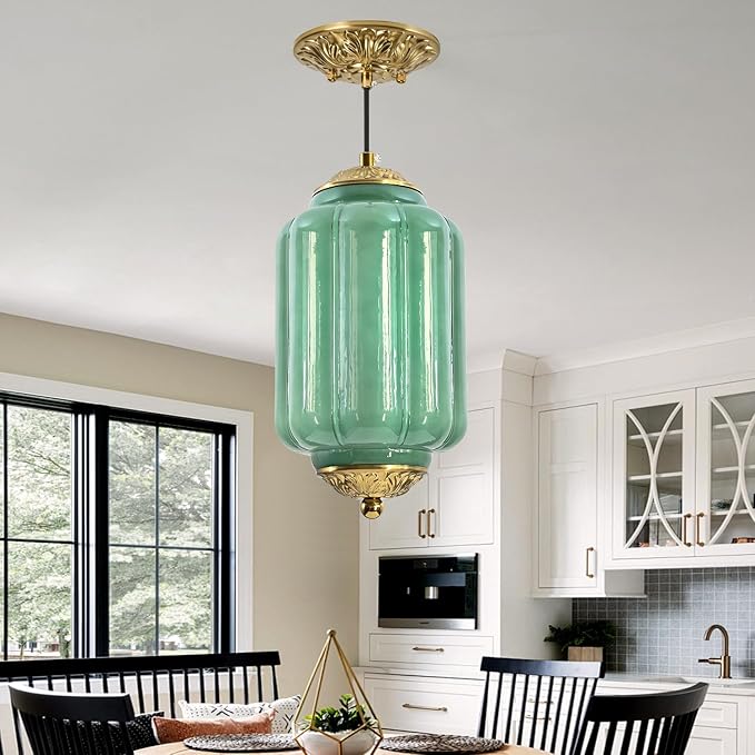 Milk Glass Pendant Light, 5.5 Inch Green Adjustable Cord Hanging Lamp, Dimmable E26 Base Vintage Pendant Light Fixture for Bedroom Bathroom Entryway