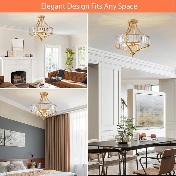 Modern Gold Crystal Chandelier 4 Lights Semi Flush Mount Ceiling Light Fixture E12 Base Farmhouse Mid Century Chandelier for Dining Room Bedroom Hallway Entryway Kitchen