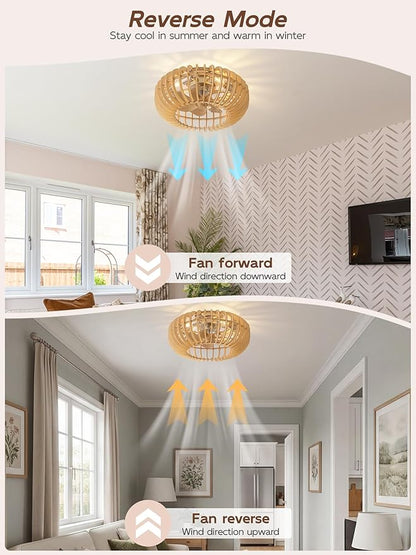 20" Wood Ceiling Fans with Lights Flush Mount, Caged Boho Ceiling Fan with Light Remote Control, Wooden Low Profile for Bedroom, Living Room, Nursery