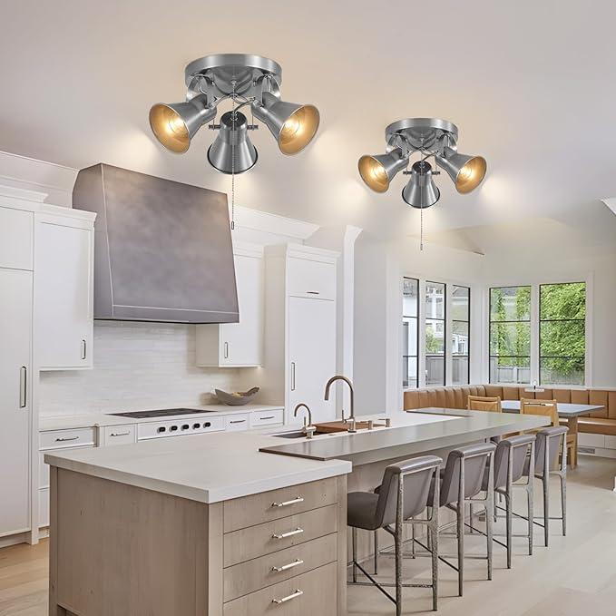 3-Light Ceiling Lights with Pull Chain, Adjustable Round Kitchen Ceiling Light, Morden Nickel Flush Mount Directional Track Light for Kitchen, Hallway, Dining Room, Bathroom, Coffee Bar