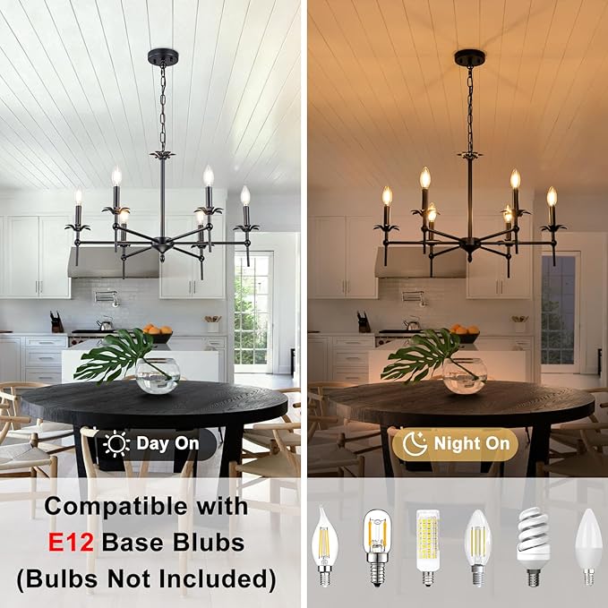 6-Light Black Farmhouse Chandelier 29in Modern Matte Candle Light Fixture Industrial Hanging Ceiling Lighting for Dining Room Over Table Kitchen Island Living Room Bedroom Foyer Entryway