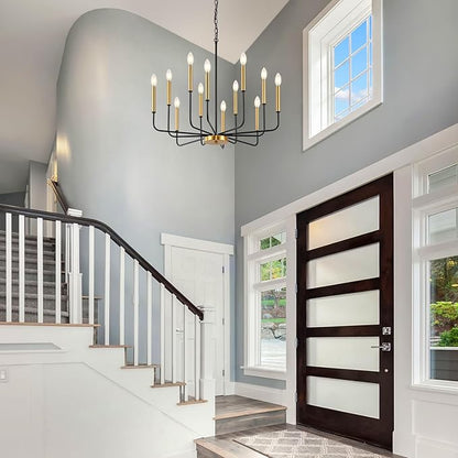 12-Light Black and Gold Chandelier, Modern Farmhouse Chandelier for Dining Room Hanging Lighting Fixture, Metal Candle Chandelier with Chain for Living Room, Kitchen, Entryway, Foyer, Stairs