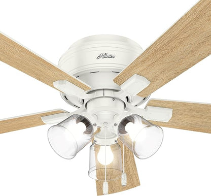 Hunter 52 inch Indoor Ceiling Fan with LED Lights and Pull Chain - Low Profile Flush Mount White Ceiling Fan, 5 Blades, For Bedroom, Living Room, or Kitchen, Quiet - Crestfield 54207, Fresh White