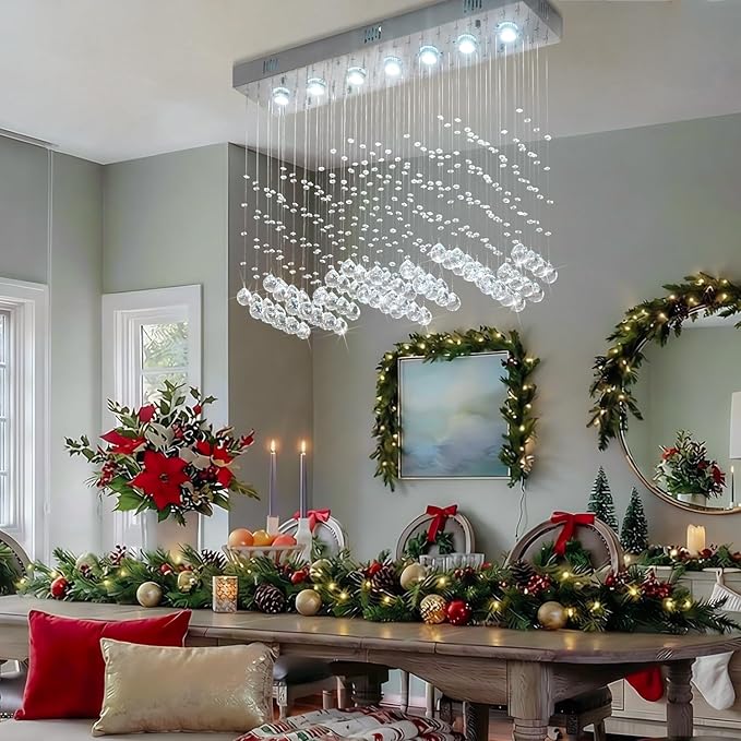 Crystal Chandelier Modern Chandelier 7-Light Rectangular Deluxe Wave Chandelier Ceiling Light Fixture Raindrop Chrome Flush Mount Pendant Lamp for Kitchen Island Bedroom Dining Room