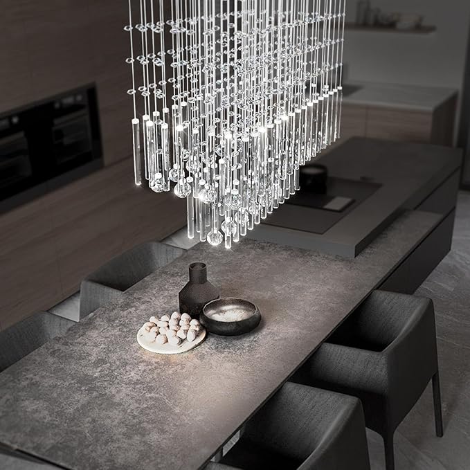 Flashing God D24''XH28'' Rectangular Crystal Chandelier SilverRectangle Pendant Ceiling Light Fixture Raindrop Chandelier for Dining Room Living Room Kitchen Island Bar
