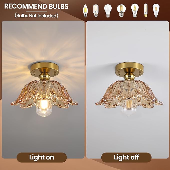 Vintage Semi Flush Mount Ceiling Light, Glass Semi Flush Mount Ceiling Light with Amber Floral Glass Shade, Gold Metal E26 Vintage Flush Mount Ceiling Light for Kitchen Dining Room Bedroom Hallway