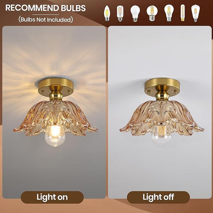 Vintage Semi Flush Mount Ceiling Light, Glass Semi Flush Mount Ceiling Light with Amber Floral Glass Shade, Gold Metal E26 Vintage Flush Mount Ceiling Light for Kitchen Dining Room Bedroom Hallway