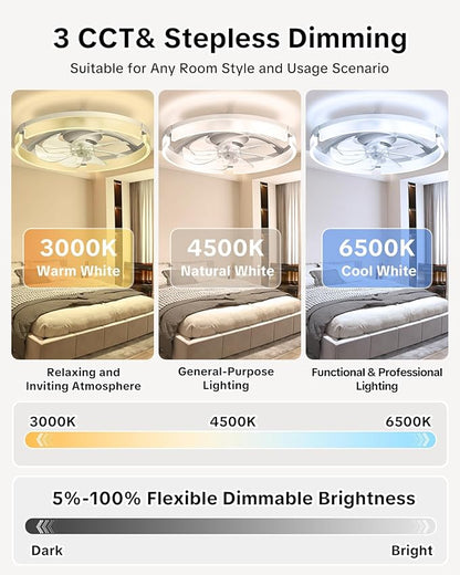 AIKVSXER 20" Ceiling Fan with Light, Modern Low Profile Fan Light, Quiet DC Motor, 6 Speeds, 3000K-6500K Dimmable LED, App & Remote Control, for Bedroom Living Room Indoor Home Decor