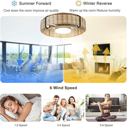 Ganeed 20" Bamboo LED Dimmable Ceiling Fan with Light and Remote Control, Boho Rattan Caged Ceiling Fans with Lights 6 Speed/Timer/RGB Flush Mount Fandelier for Kitchen Living Room Indoor Bedroom