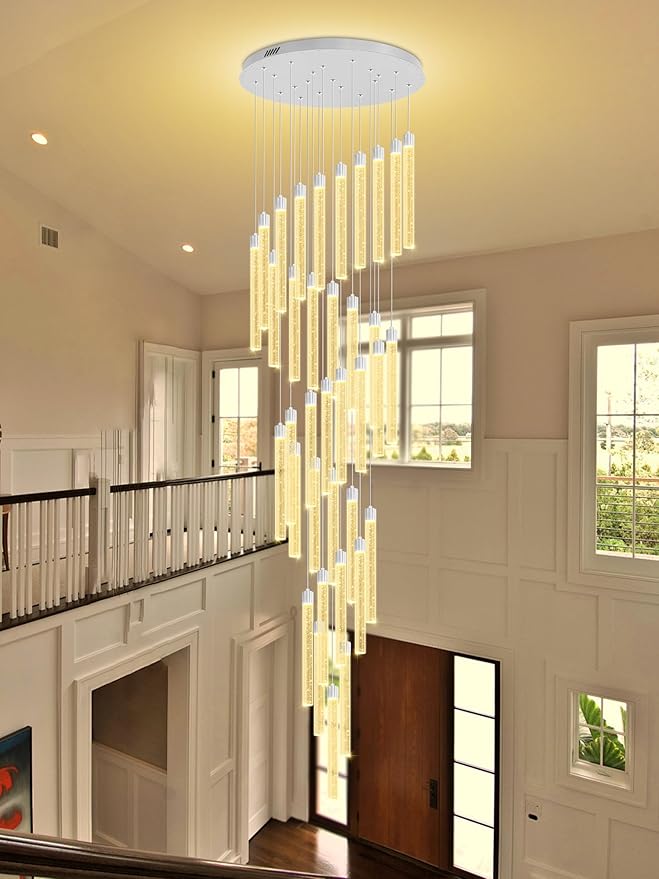 200'' Long Crystal Column Chandelier Silver 36-Lights Extra Large Staircase Chandeliers Dimmable LED Ceiling Lighting Foyer Entryway Light Source is Replaceable