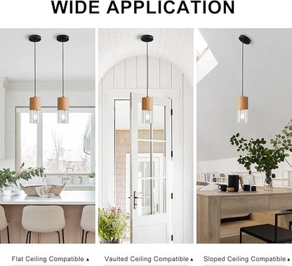 3-Pack Modern Pendant Lights for Kitchen Island, Adjustable Pendant Light Fixtures with Raw Wood Grain, Industrial Clear Glass Pendant Lights for Dining Table Hallway Bedroom Living Room