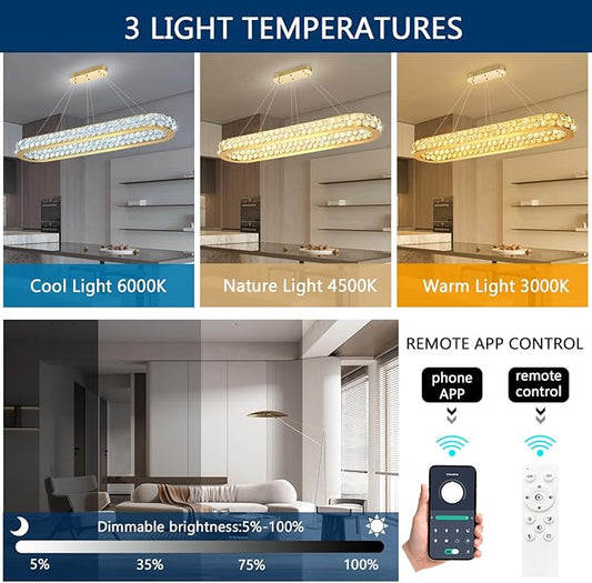 47'' Modern Oval Chandelier Crystal Chandeliers for Dining Room Round Ceiling Light Fixture for Living Room Lighting LED Dimmable with Remote Ring Lights Gold