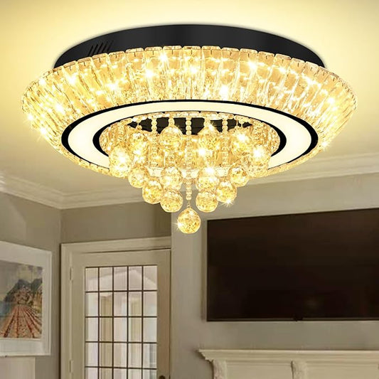 Glam Crystal Chandeliers, Modern Led Luxury Chandelier,24in Black Flush Mount Chandelier Ceiling Light, Raindrop Chandeliers for Dining Room, Living Room, Bedroom