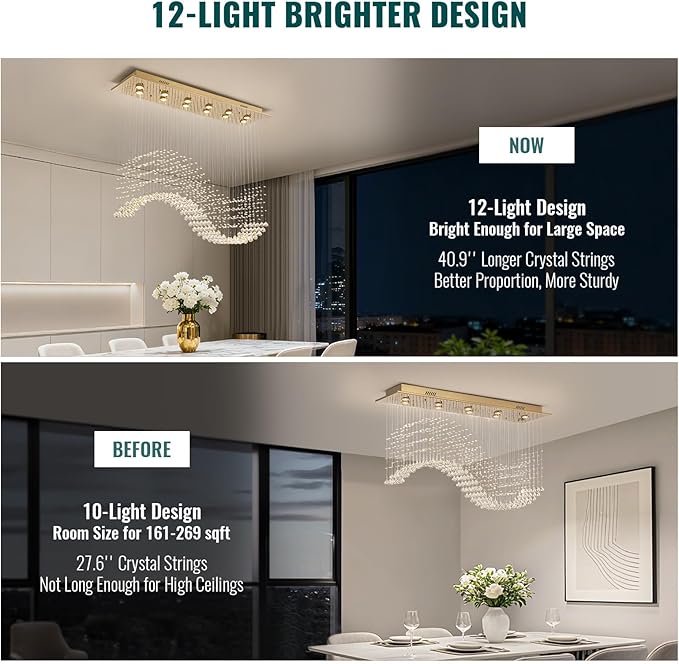 Siljoy 12-Lights Modern Crystal Chandeliers, Luxury Wave Raindrop Crystal Pedant Light Fixture, Rectangular Flush Mount Ceiling Light for Dining Room Living Room Kitchen Island 47 Inch