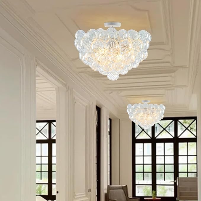 Hand Blown Glass Bubble Ball Chandelier White Finish 24" Semi-Flush Mount Ceiling Lights Art Deco Cluster Ribbed Glass Globe Chandeliers Light Fixture for Dining Living Hall Entry Foyer