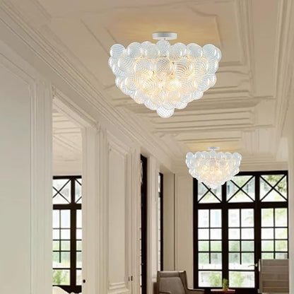 Hand Blown Glass Bubble Ball Chandelier White Finish 24" Semi-Flush Mount Ceiling Lights Art Deco Cluster Ribbed Glass Globe Chandeliers Light Fixture for Dining Living Hall Entry Foyer