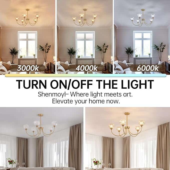 Shenmoyl 30.31" Brass Gold Chandelier, 5-Light Chandelier Light with Clear Tulip Glass Lampshade, Height Adjustable Vintage Chandeliers for Dining Room Living Room Kitchen Island