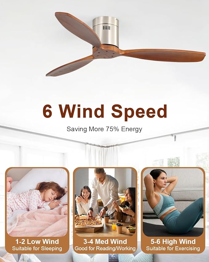 Sofucor 52 Inch Smart Ceiling Fan Without Light Flush Mount Solid Wood Ceiling Fan with Alexa/Google/APP/Remote Control-Modern Outdoor Ceiling Fans No Light for Bedroom/Patio/Indoor, Silver & Brown