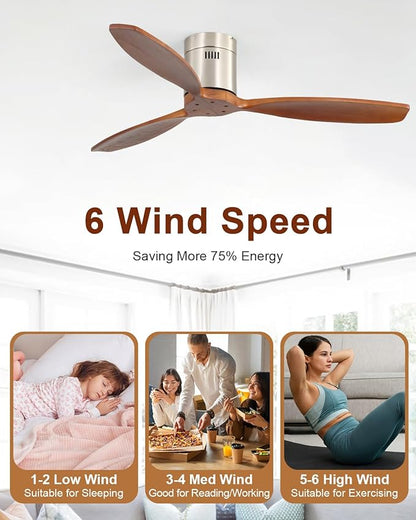 Sofucor 52 Inch Smart Ceiling Fan Without Light Flush Mount Solid Wood Ceiling Fan with Alexa/Google/APP/Remote Control-Modern Outdoor Ceiling Fans No Light for Bedroom/Patio/Indoor, Silver & Brown