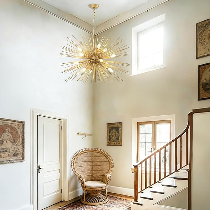Modern 33.8in Gold Sputnik Chandeliers 12-Light Mid-Century Starburst Chandelier Light Fixture Solid Metal Satellite Large Chandelier for High Ceiling Dining Room Living Room Foyer E12