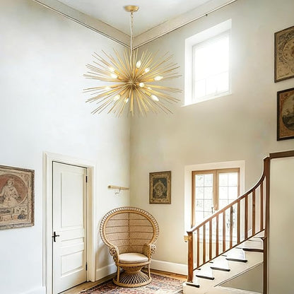 Modern 33.8in Gold Sputnik Chandeliers 12-Light Mid-Century Starburst Chandelier Light Fixture Solid Metal Satellite Large Chandelier for High Ceiling Dining Room Living Room Foyer E12
