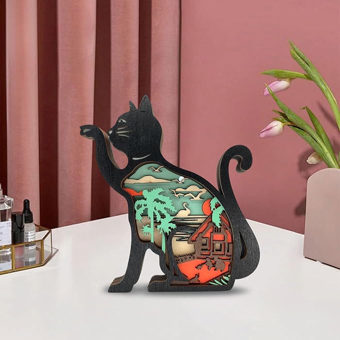 Drawelry 3D Wooden Carving Animals Lamp - Creative Fox Squirrel Wood Carved LED Night Light Garden Yard Wooden Animals Sculpture Ornaments Desktop Home Decor Birthday Gifts for Family Friend (Cat)