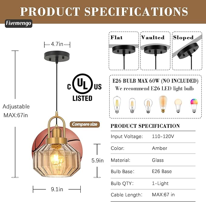 9in Mid Century Modern Amber Glass Pendant Light Fixture Small Gold Globe Kitchen Island Pendant Light with Hand Blown Glass Ceiling Hanging Lamp for Foyer Dining Room Bedroom Entryway