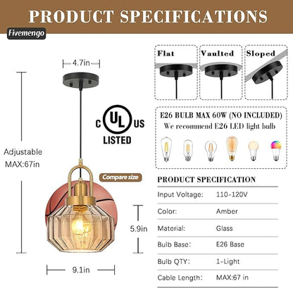 9in Mid Century Modern Amber Glass Pendant Light Fixture Small Gold Globe Kitchen Island Pendant Light with Hand Blown Glass Ceiling Hanging Lamp for Foyer Dining Room Bedroom Entryway