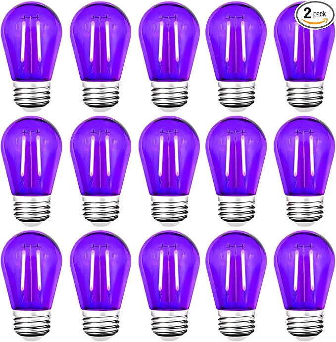 15 Pack S14 LED String Light Bulbs, Shatterproof 2 Watt Purple Replacement Bulbs for Outdoor String Light, Waterproof Decorative E26 Base Purple Filament Halloween Edison Lights, 120V