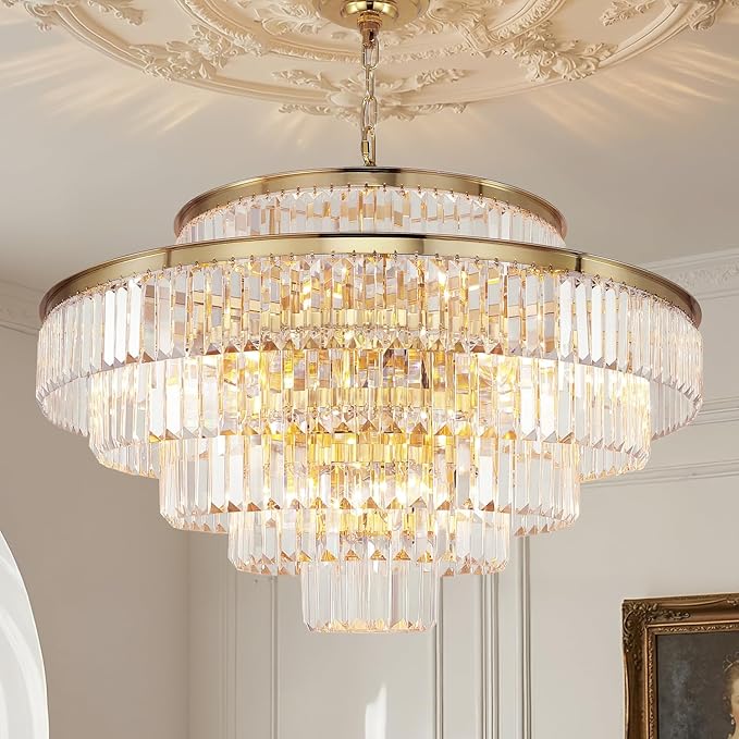 Gold Modern Crystal Chandeliers Large Chandelier 6-Tier Hanging Raindrop Pendant Light Fixture for Dining Room Bedroom Living Room Dia 31 Inch