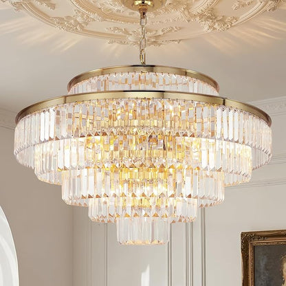 Gold Modern Crystal Chandeliers Large Chandelier 6-Tier Hanging Raindrop Pendant Light Fixture for Dining Room Bedroom Living Room Dia 31 Inch
