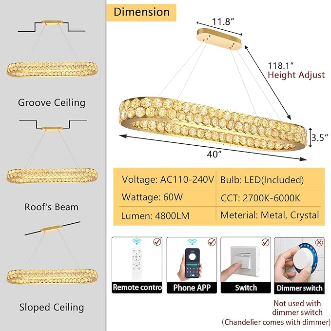 40'' Modern Oval Chandelier Crystal Chandeliers for Dining Room Round Ceiling Light Fixture for Living Room Lighting LED Dimmable with Remote Ring Lights Gold