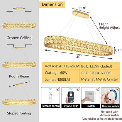 40'' Modern Oval Chandelier Crystal Chandeliers for Dining Room Round Ceiling Light Fixture for Living Room Lighting LED Dimmable with Remote Ring Lights Gold