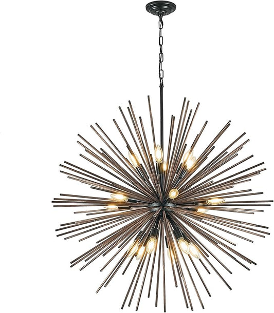 Large Wood Sputnik Chandeliers 18 Light Starburst Chandelier Light Fixture Solid Wood Farmhouse Black Satellite Light Fixture for Living Room Foyer Dining Room Hotal Hall 36in