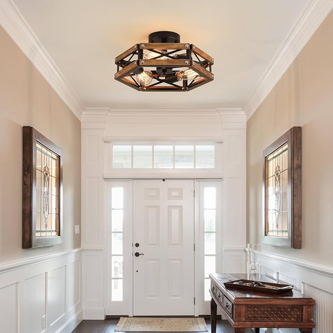 2 Pack 3-Light Rustic Farmhouse Wood Flush Mount Ceiling Light Fixture Oak Wood and Metal Cage Semi Flush Mount Ceiling Light for Hallway Hall Entry Bedroom Kitchen Farmhouse, Black