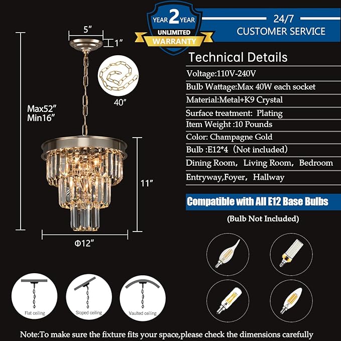 Weesalife Crystal Chandeliers for Dining Room Light Fixtures Over Table，4-Lights Modern Champagne Gold Crystal Pendant Lighting Fixture，Small Chandeliers for Kitchen Island Bedroom Entryway D12 Inch
