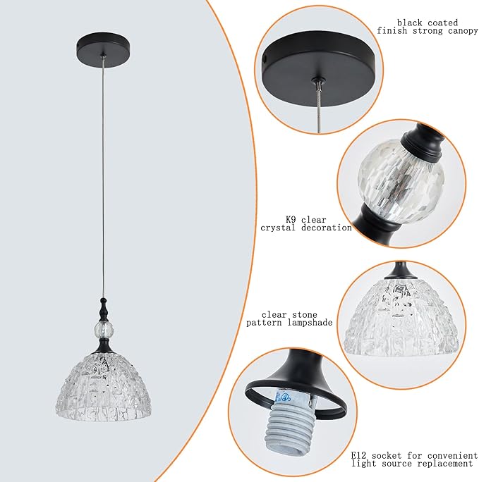 Modern Black Clear Glass Pendant Light 7.68 inch Small Kitchen Island Hanging Light Fixture with Crystal for Sink Bar Dining Room Bedside Set of 3 lámparas colgantes para isla de cocina