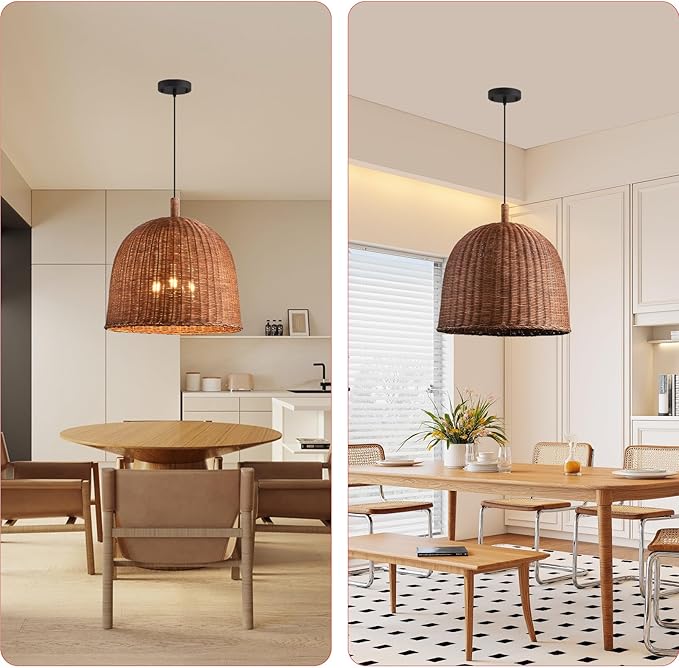 HUEHENGHAO 16.54" Dark Brown Rattan Pendant Light, 3-Light Rattan Chandelier Handmade Woven, Wicker Basket Chandelier Farmhouse for Dining Living Bedroom Kitchen