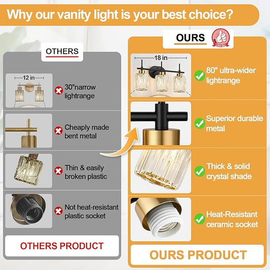 Modern Crystal Bathroom Vanity Light, 3-Light Black & Gold Vanity Lighting Fixture with Clear K9 Crystal Shades, Adjustable Up/Down Installation, E26 Base (Bulbs Not Included)